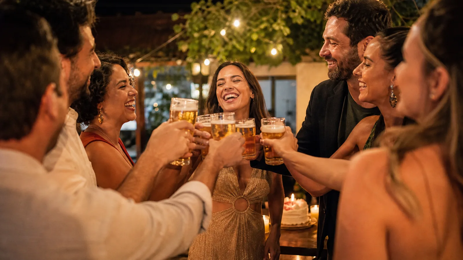 Adultos celebrando aniversário com chopp