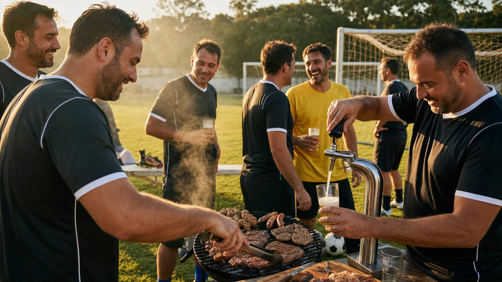 Jogadores adultos fazendo churrasco e tomando chopp depois da partida