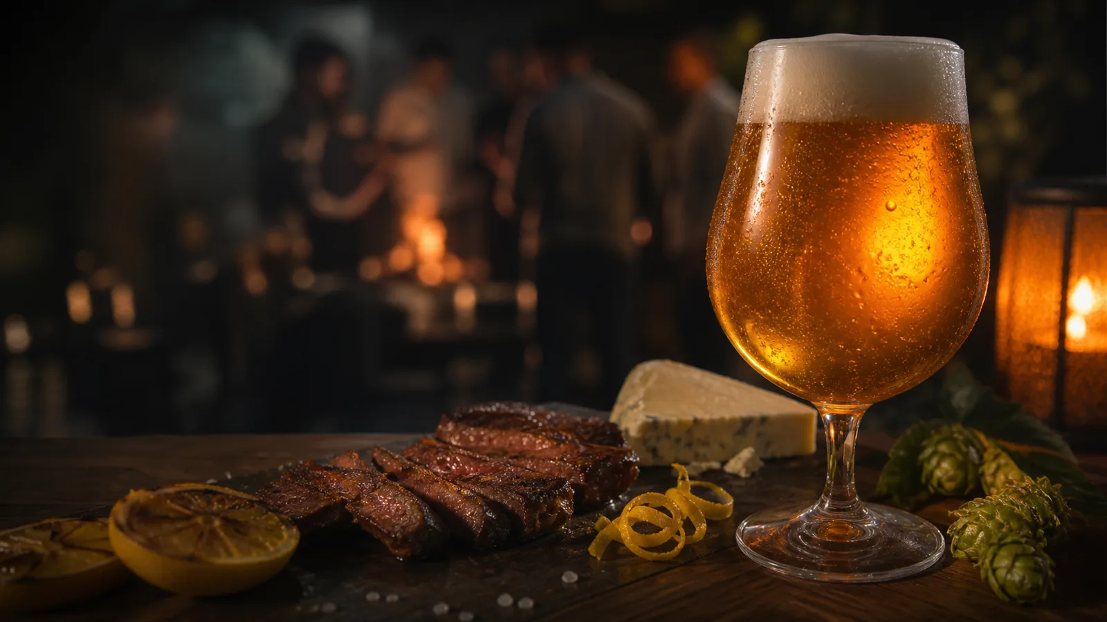 Copo de chopp IPA com carnes e queijo