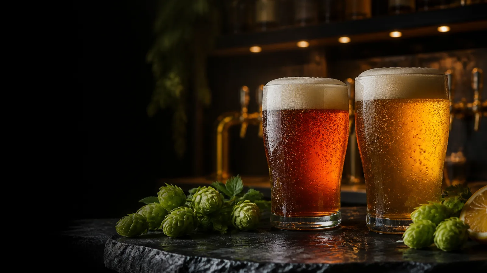 Copos de cerveja da família Pale Ale com lúpulos